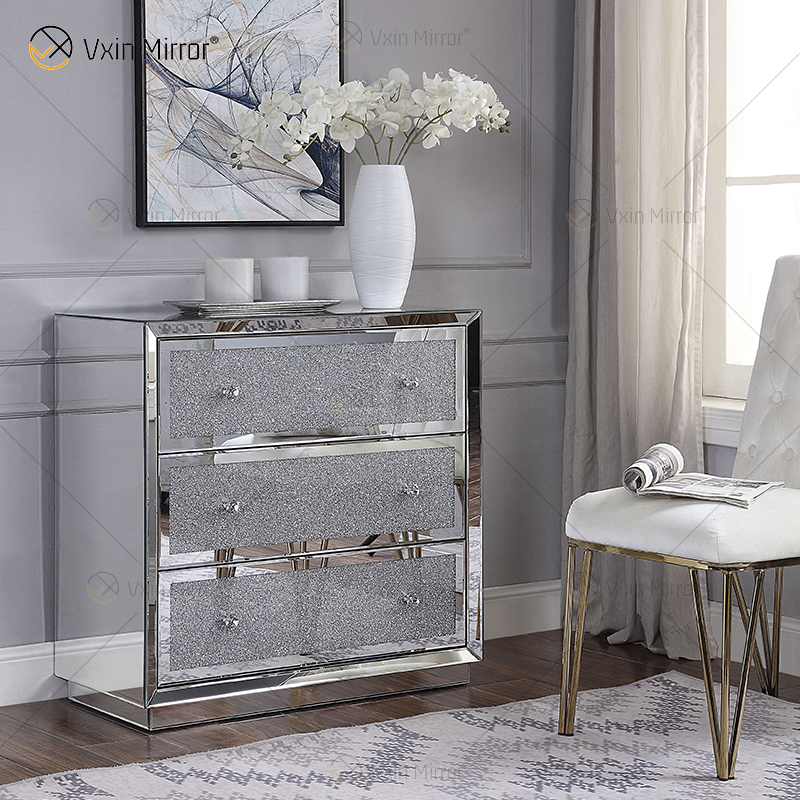 Mesa de cabeceira de boa qualidade prata WXF-1001 diamante esmagado decoração moderna mesa de cabeceira com 3 gavetas