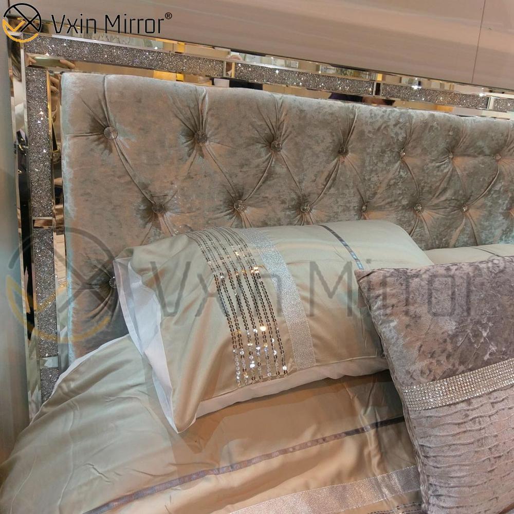 Móveis de espelho WXWF-698 baratos no quarto prata e preto espelhado cama estilo moderno