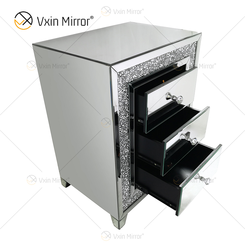 Mesa-de-cabeceira com moldura de diamante em prata de boa qualidade e mesa de cabeceira espelhada com 3 gavetas