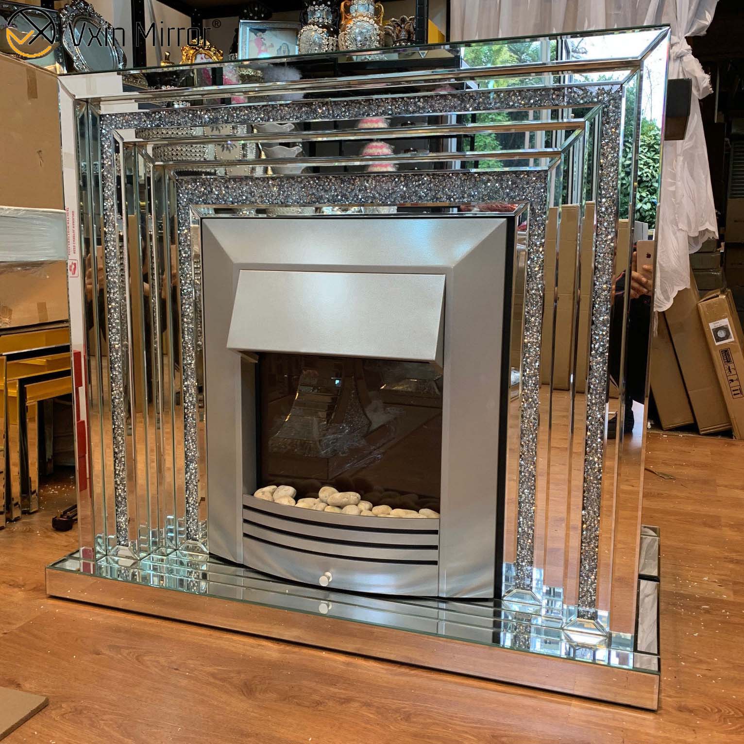 Decoração de casa moderna sala de estar espelho lareira faísca diamante esmagamento móveis espelhados lareira elétrica WXWF-044