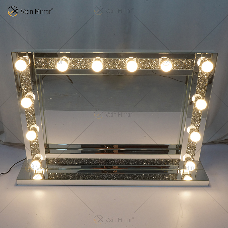 Espelho de penteadeira estilo veneziano WXDL-105 prata cristal iluminado com 12 lâmpadas para sofás de sala de estar
