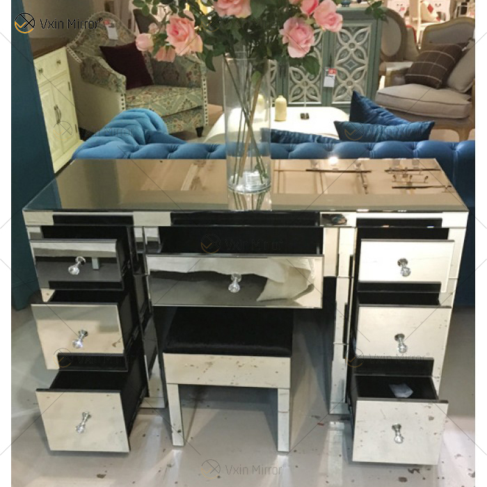 Toucador espelhado prata moderno WXF-125 e 126 de venda imperdível 7 gavetas com banqueta desmontável