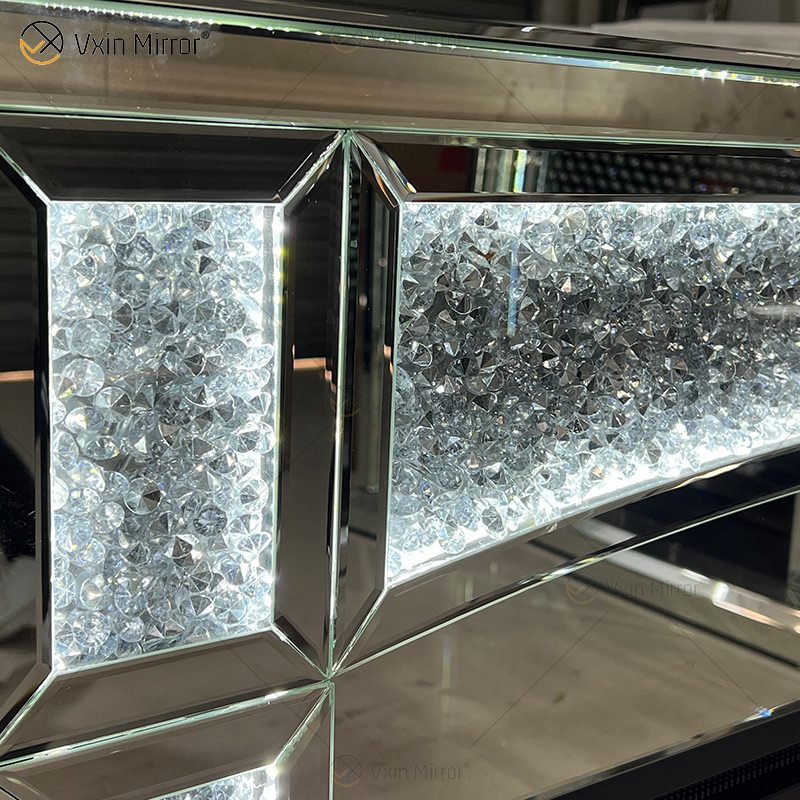 Novo design WXMF026-1 LED prata cristal vidro sala de estar espelho lareira com inserção interna