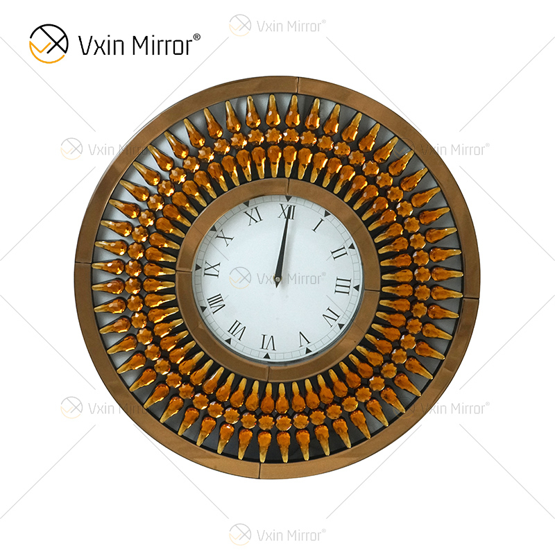 Venda imperdível prata WXC-071 cristal marrom dourado moderno espelho relógio de parede