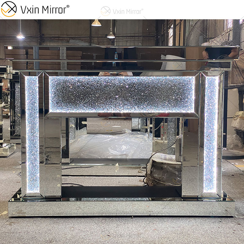 Lareira de espelho de sala de estar de vidro cristal prateado LED multicolor com inserção interna