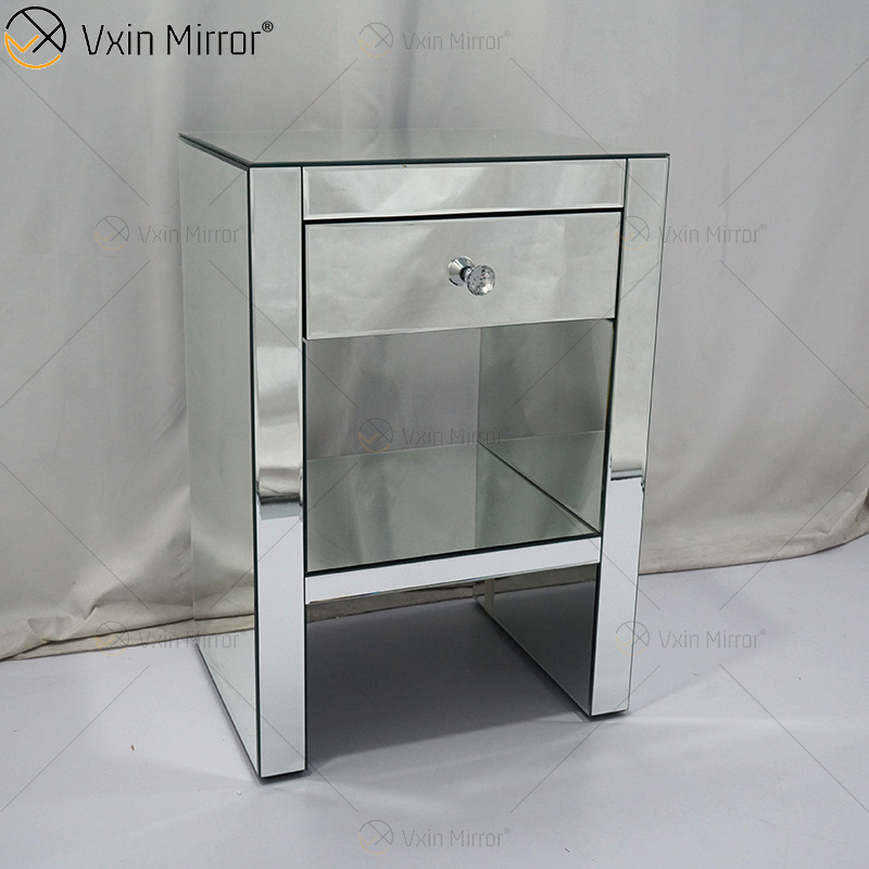 Mesinha de cabeceira de cristal com móveis de prata WXF-242 moderna vaidade com 1 gavetas mesa de cabeceira espelhada