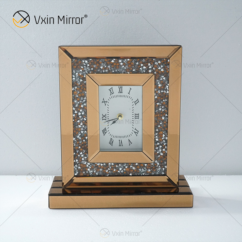 Novo design WXMC-077 Cristal Marrom Luxo Espelho Relógio de Mesa Retângulo
