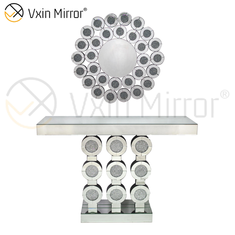Baixo preço Vxin moderno redondo diamante esmagado mesa console de vidro móveis espelho
