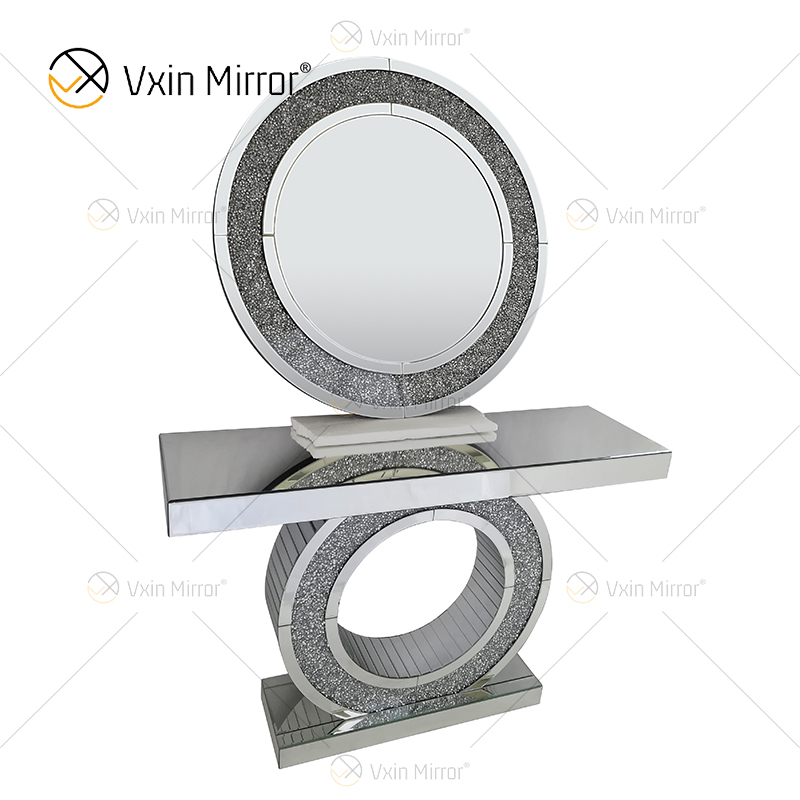 Mesa de console e espelho de madeira trabalhada com cristal prateado moderno multicolorido