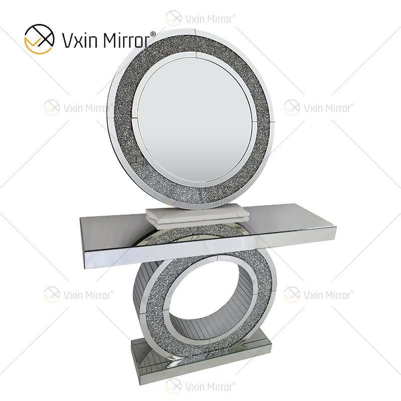 Mesa de console e espelho de madeira trabalhada com cristal prateado moderno multicolorido