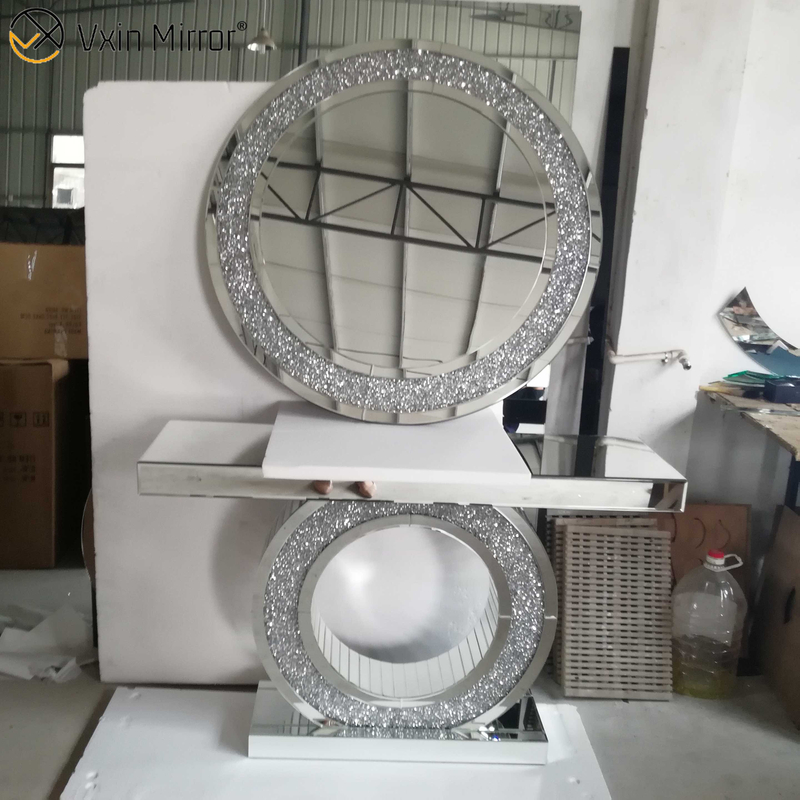 Mesa de console e espelho de madeira trabalhada com cristal prateado moderno multicolorido