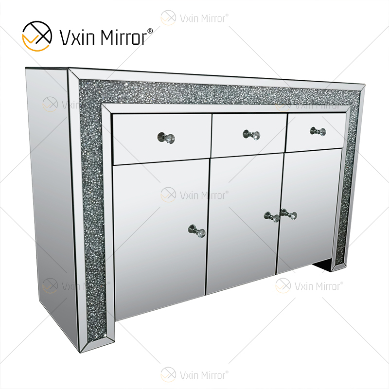 Decoração de casa elegante WXF-099 Armário de sala de estar com móveis espelhados prata com gavetas muti