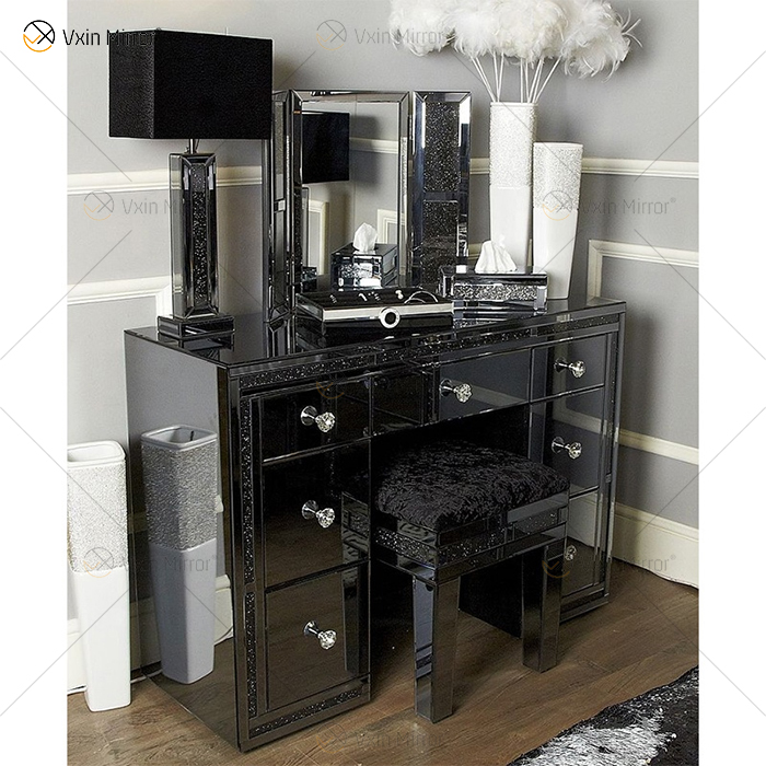 Conjunto de móveis de quarto espelhado de venda imperdível guarda-roupa de cama espelhada diamante preto esmagado com mesa de cabeceira