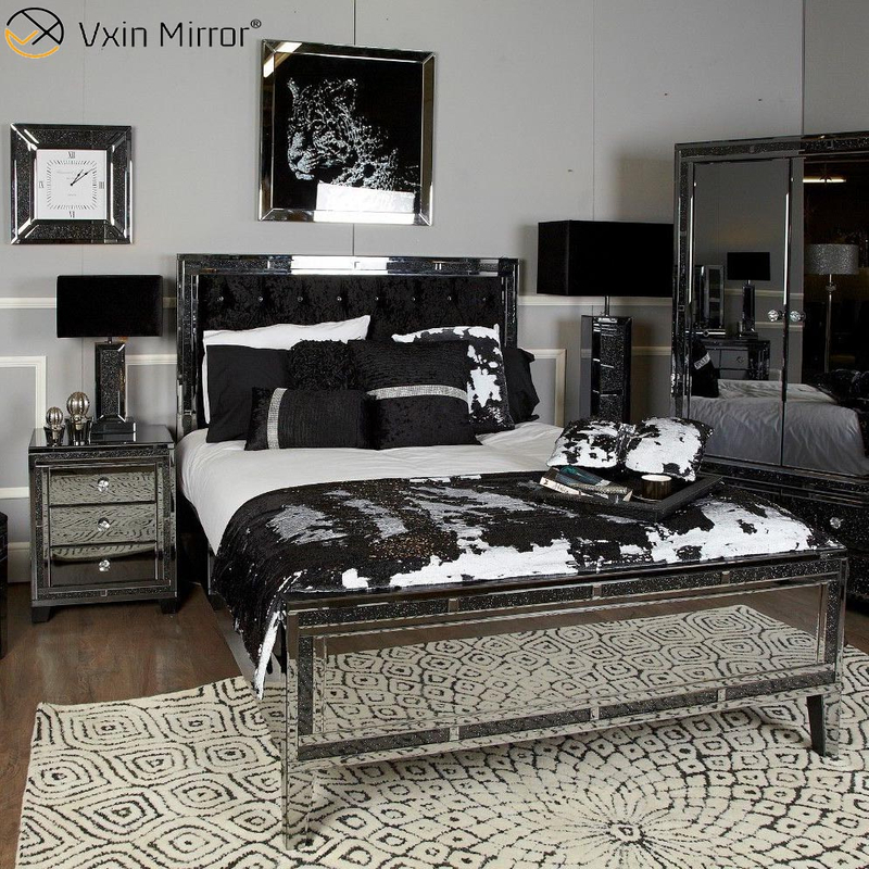 Conjunto de móveis de quarto espelhado de venda imperdível guarda-roupa de cama espelhada diamante preto esmagado com mesa de cabeceira