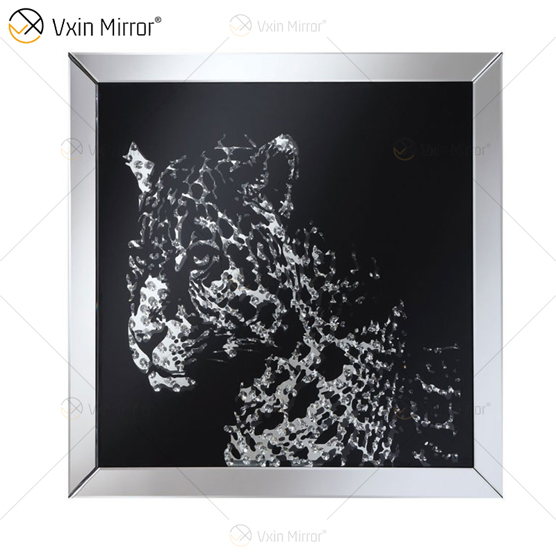 VXin WXMA-19 Decoração de casa Moldura de vidro espelhada Cheetah Wall Art Cristal Porcelana Pintura Espelho Arte de Parede