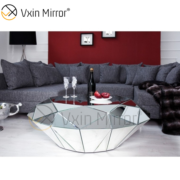 Mesa de centro de vidro prata triangular OEM caseira WXF-1037 mesa de centro espelhada