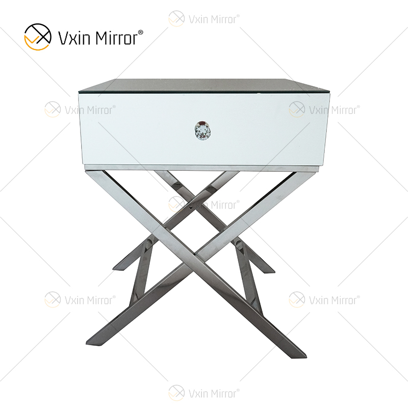Mesa de cabeceira de cristal para móveis de aço inoxidável prata moderna WXF-046 com 1 gavetas mesa de cabeceira espelhada