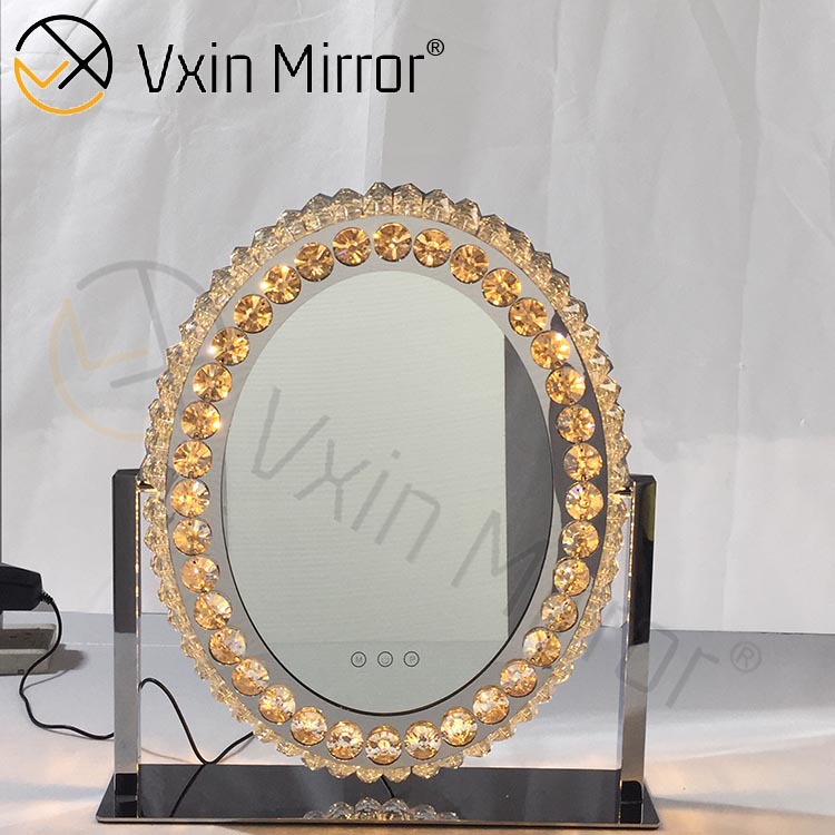 Oval decorativo diamante cristal dimerizável toque Hollywood tampo de mesa espelho de maquilhagem WXDL-175