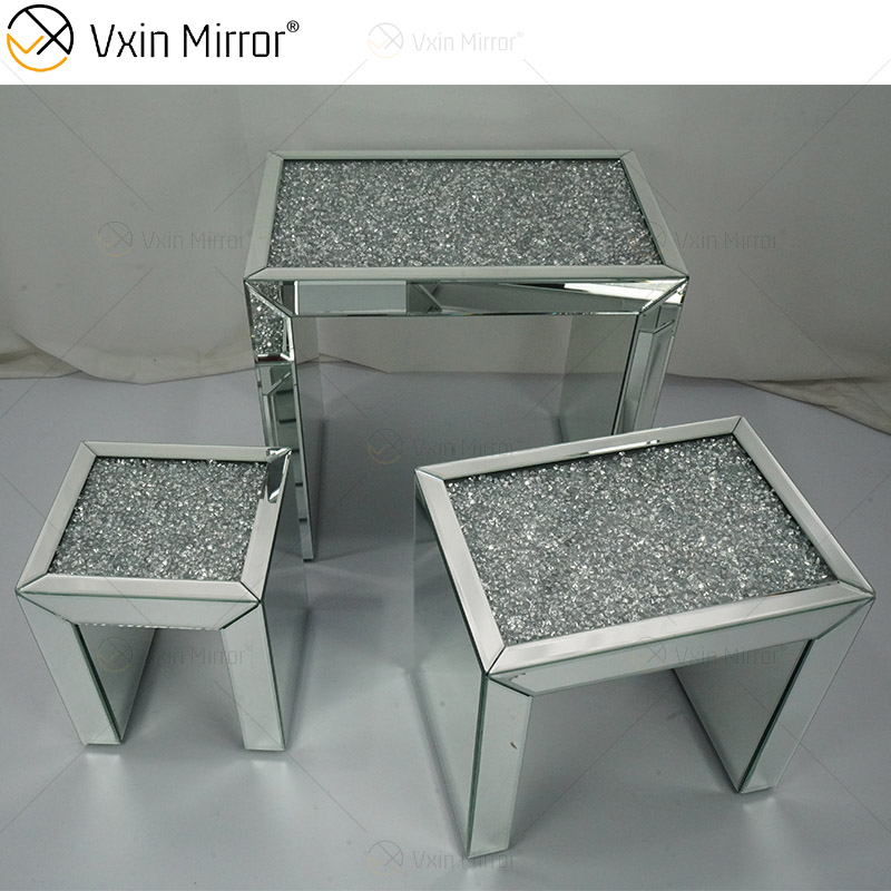 Venda imperdível ZH056 Mesa Lateral Quadrada Moderna Combinada Vidro Prata Com Cristal Diamante Mesa Lateral Espelho Sala De Estar