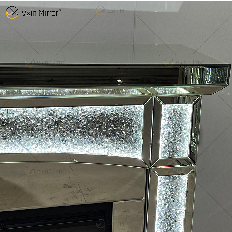 Novo design WXMF026-1 LED prata cristal vidro sala de estar espelho lareira com inserção interna