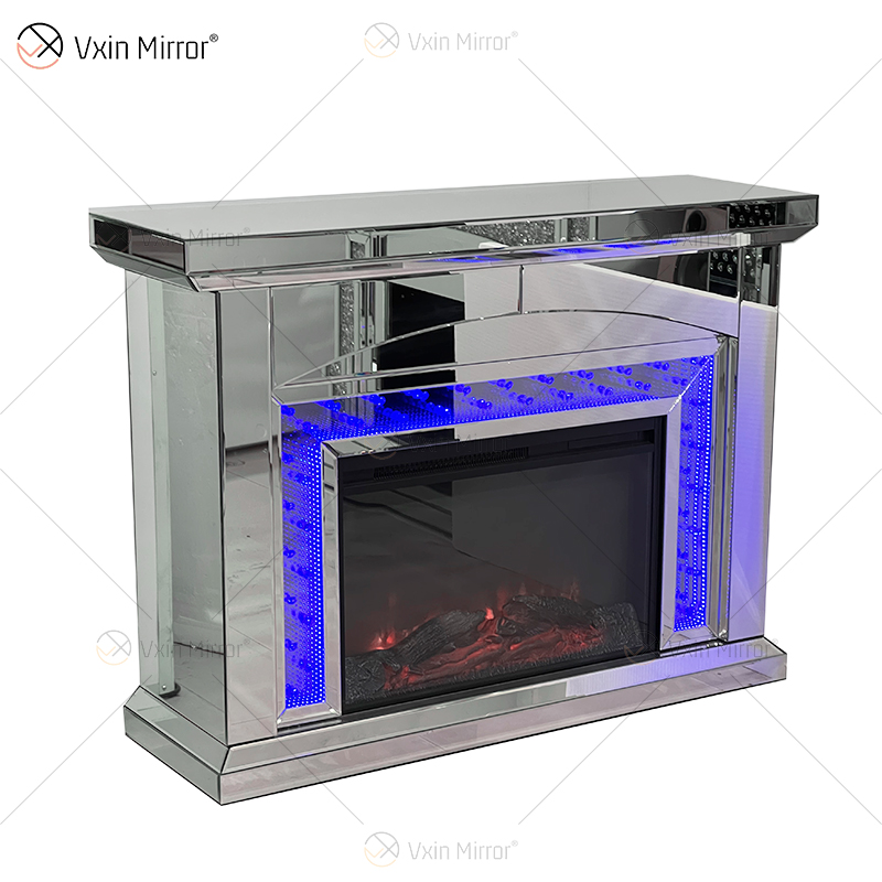 Novo design WXMF096-2 LED prata cristal vidro sala de estar espelho lareira com inserção interna