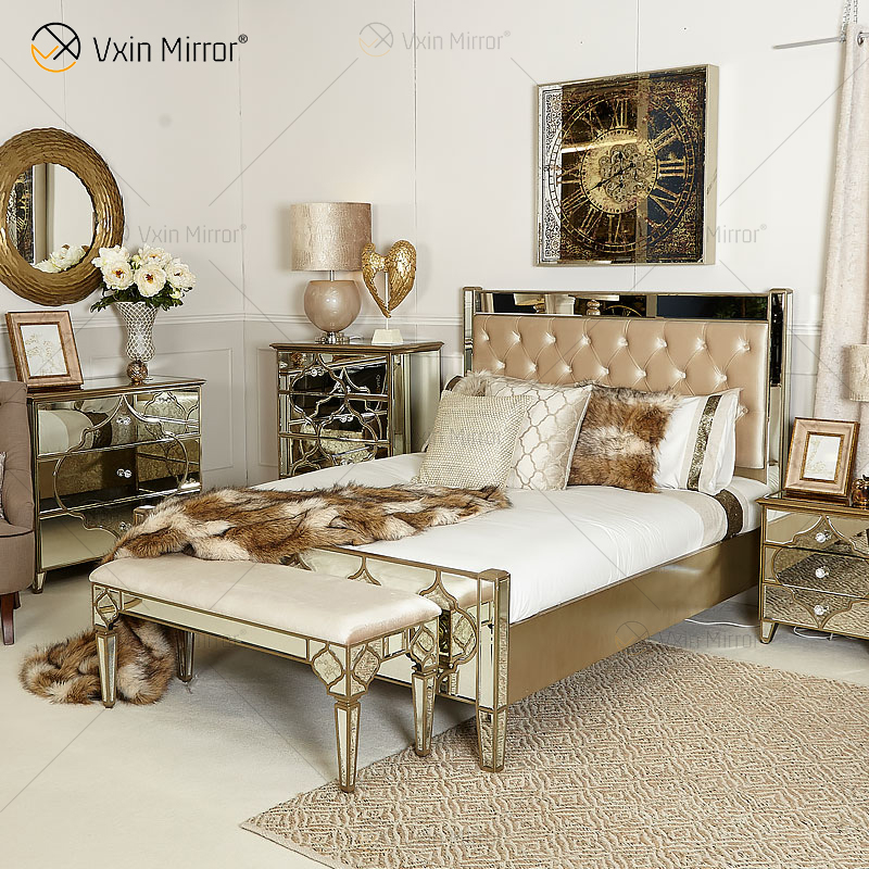 Móveis antigos Vxin WXWF-1088 Cama king-size Grace moldura dourada espelhada super cama