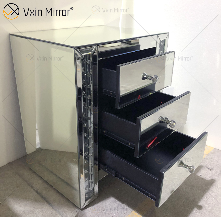 Vxin Crystal Decor WXF-274 Prata Tallboy Cristal Espelho Mesa de Cabeceira com 3 Gavetas Espelho Mesinha de cabeceira