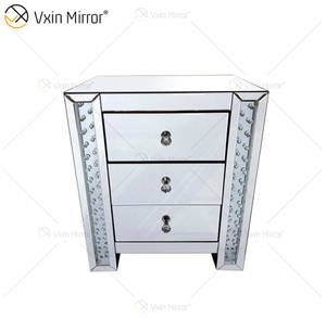 Vxin Crystal Decor WXF-274 Prata Tallboy Cristal Espelho Mesa de Cabeceira com 3 Gavetas Espelho Mesinha de cabeceira