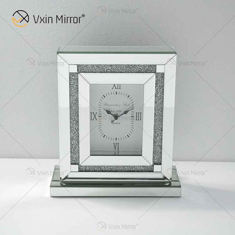 Novo design de fábrica WXMC-080 cristal prata espelho retangular relógio de mesa