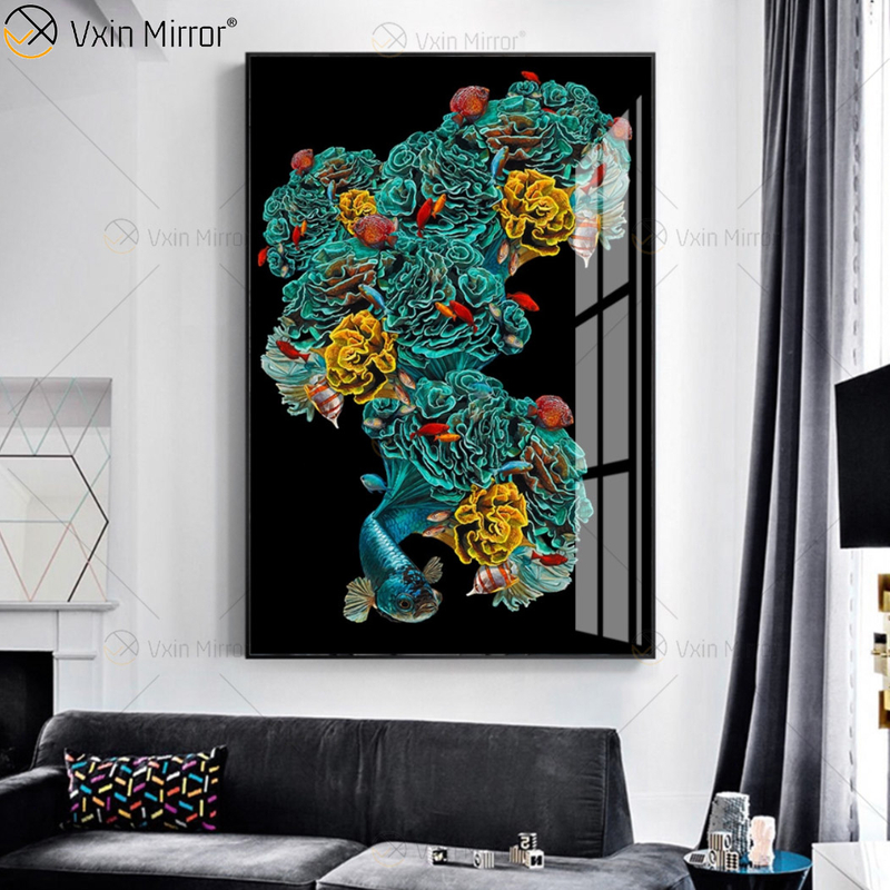 Luxo Moldura de Alumínio Cristal Pintura Em Porcelana Sofá Fundo Pendurado na Parede Pintura Espelho Arte na Parede Decoração da Sala de Estar