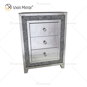 Mesa-de-cabeceira com moldura de diamante em prata de boa qualidade e mesa de cabeceira espelhada com 3 gavetas