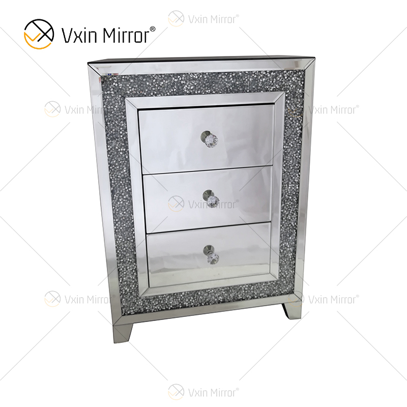 Mesa-de-cabeceira com moldura de diamante em prata de boa qualidade e mesa de cabeceira espelhada com 3 gavetas