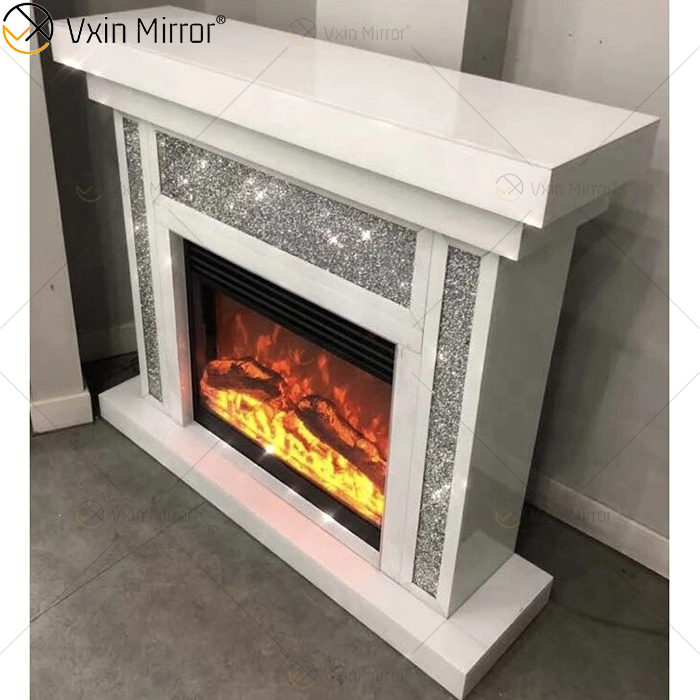Lareira de espelho de vidro branco diamante esmagado de luxo para sala de estar em móveis de sala de estar WXWF-1108