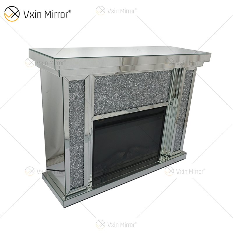 Venda imperdível WXWF-1108 Prata Esmagado Diamante Cristal Espelho Lareira Decoração de Casa com Inserções de Fogo Elétrico Lareira Espelho