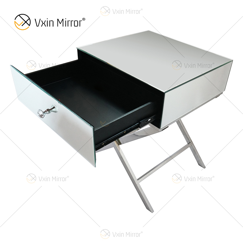 Mesa de cabeceira de cristal para móveis de aço inoxidável prata moderna WXF-046 com 1 gavetas mesa de cabeceira espelhada
