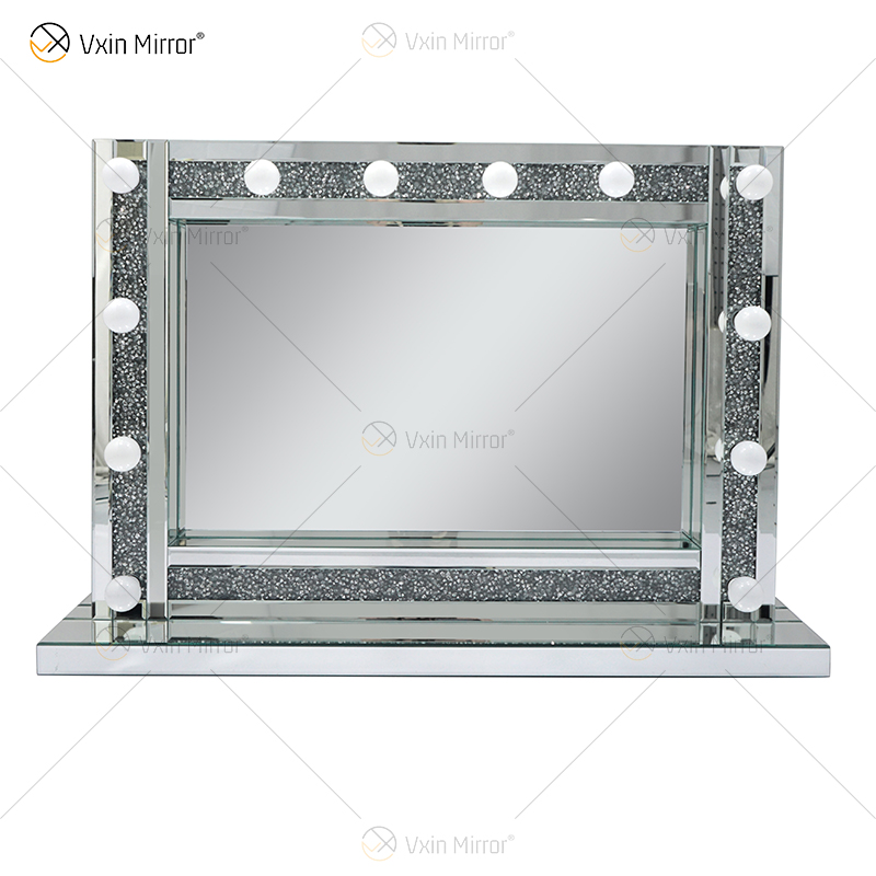 Espelho de penteadeira estilo veneziano WXDL-105 prata cristal iluminado com 12 lâmpadas para sofás de sala de estar