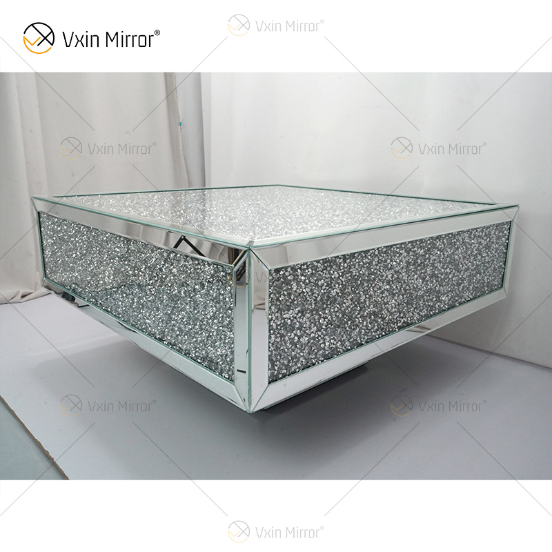 Mesa personalizada WXF-141 Diamante Triturado Prata Espelho Caseiro Mesa de centro