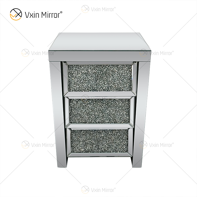 Vxin Espelho WXF-116 Cristal Prata Mesinha de cabeceira chanfrada espelhada com 3 gavetas para quarto
