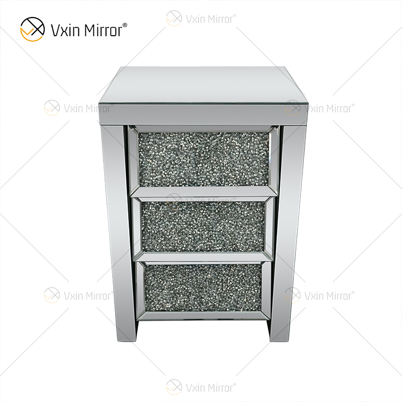 Vxin Espelho WXF-116 Cristal Prata Mesinha de cabeceira chanfrada espelhada com 3 gavetas para quarto
