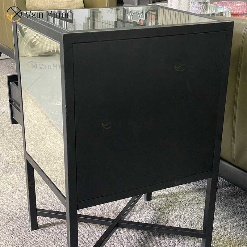 Mesa de cabeceira de ferro forjado de vidro prateado moderno com 2 gavetas mesa de cabeceira espelhada para quarto