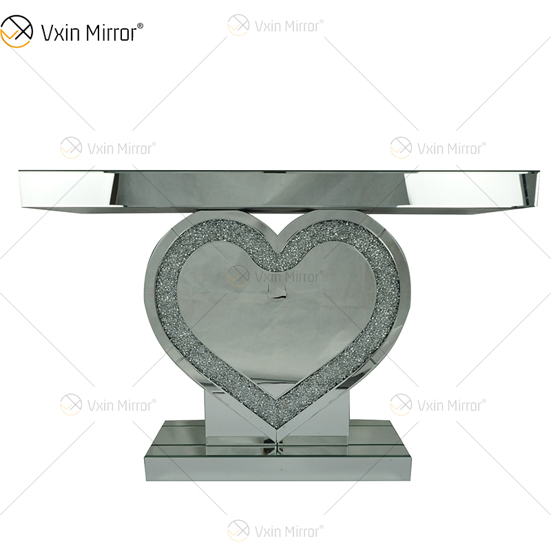 Mesa de console com design de coração de cristal prateado de fornecimento de fábrica de espelhos Vxin com corredor de espelho para móveis de sala de estar