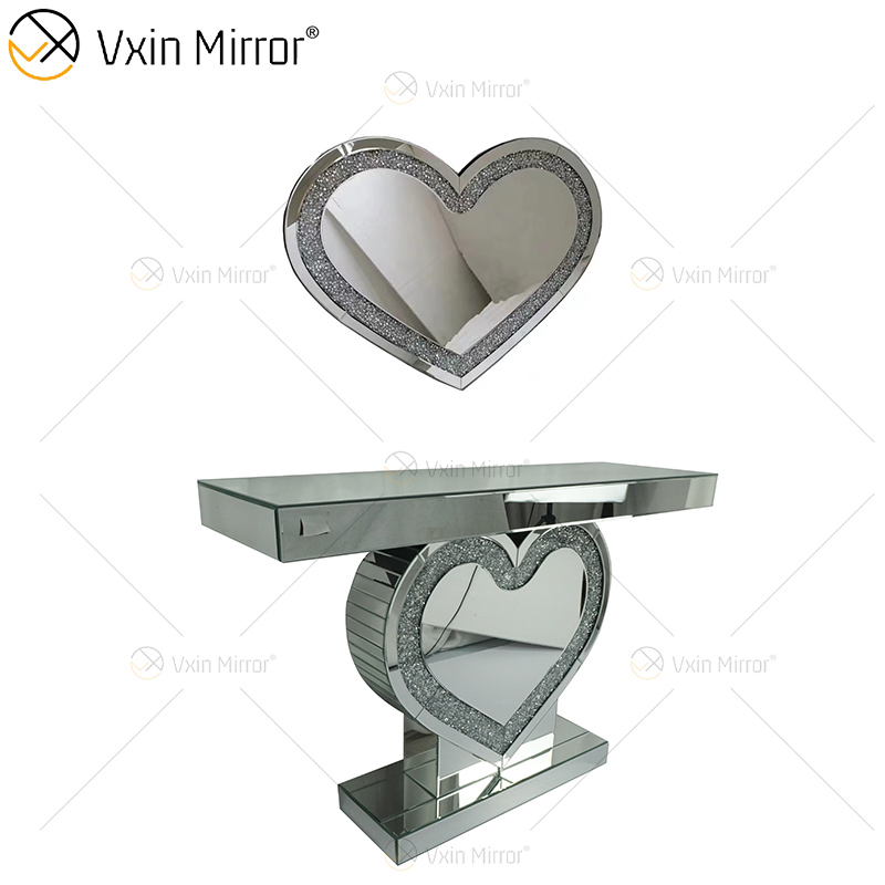 Mesa de console com design de coração de cristal prateado de fornecimento de fábrica de espelhos Vxin com corredor de espelho para móveis de sala de estar