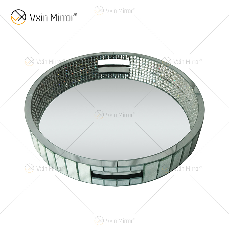 Decoração elegante com miçangas WXMT-017 moderna cristal prata espelhada bandeja redonda