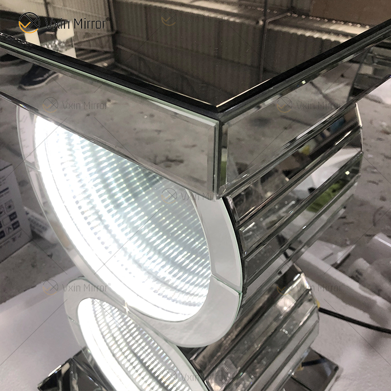 Mesa Prata LED 3d Mesa de Café Iluminado Espelho Infinito Túnel Sparkle Espelhado em O Formato Mesa Console Mesa Lateral WXF-290