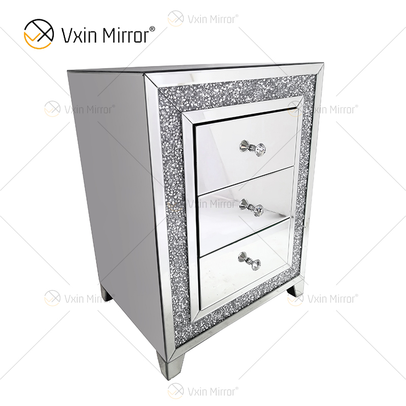Mesa-de-cabeceira com moldura de diamante em prata de boa qualidade e mesa de cabeceira espelhada com 3 gavetas