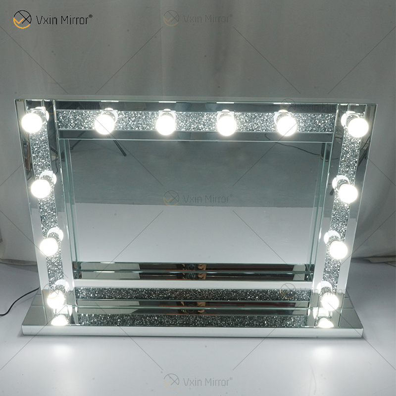 Espelho de penteadeira estilo veneziano WXDL-105 prata cristal iluminado com 12 lâmpadas para sofás de sala de estar