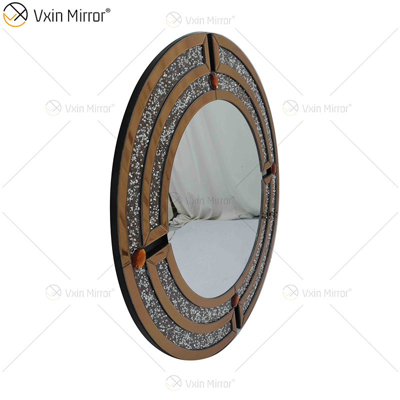 Atacado WXM-1130 Espelho de parede redondo diamante esmagado Espelho de parede estilo luxo marrom