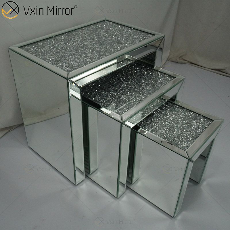 Venda imperdível ZH056 Mesa Lateral Quadrada Moderna Combinada Vidro Prata Com Cristal Diamante Mesa Lateral Espelho Sala De Estar