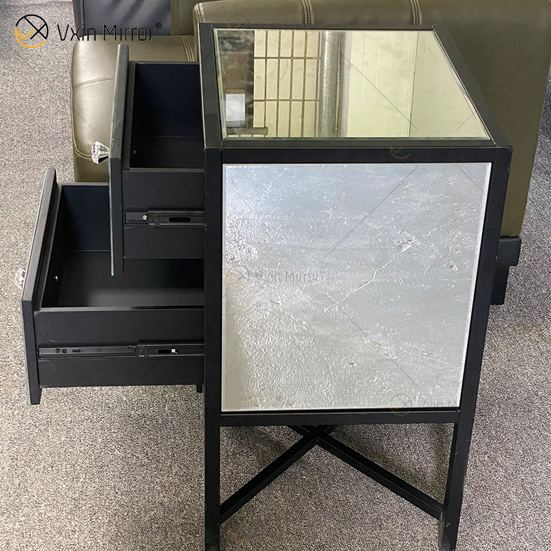 Mesa de cabeceira de ferro forjado de vidro prateado moderno com 2 gavetas mesa de cabeceira espelhada para quarto