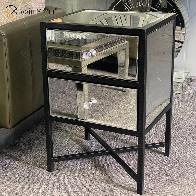 Mesa de cabeceira de ferro forjado de vidro prateado moderno com 2 gavetas mesa de cabeceira espelhada para quarto